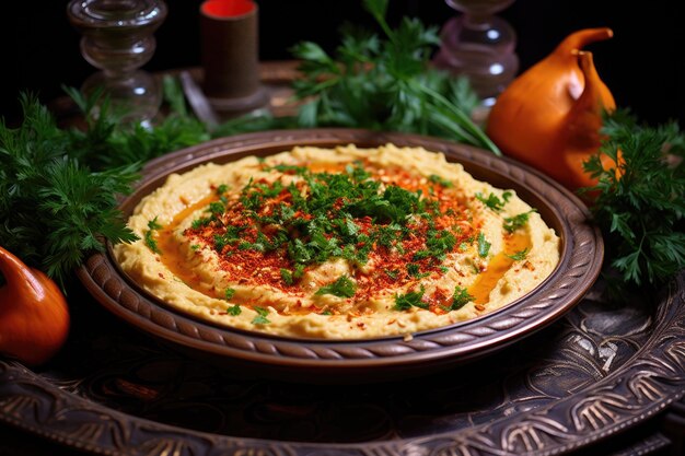 Hummus guarnito con paprika e prezzemolo