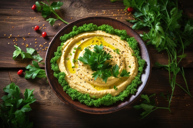 Hummus tradizionale piccante con pepe e verdure su fondo di legno