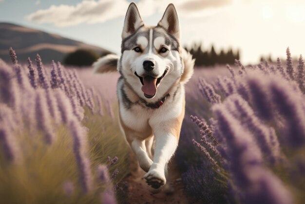 Husky che corre su un campo di lavanda viola Cane felice che si diverte in natura Ai generativo