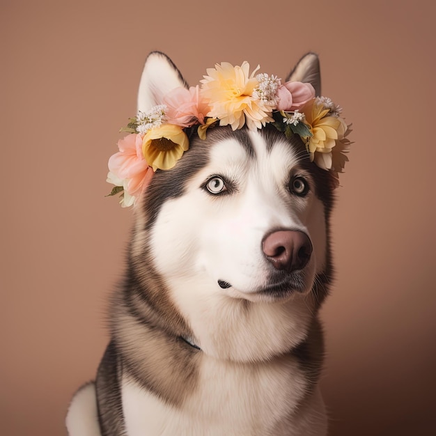 Husky che indossa una corona di fiori su sfondo marrone Ritratto realistico IA generativa