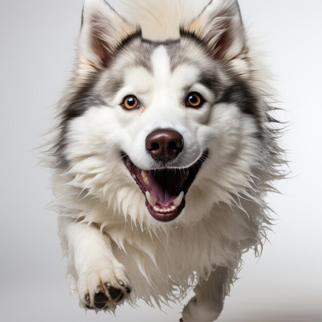 Husky con occhi bicromatici che saltano