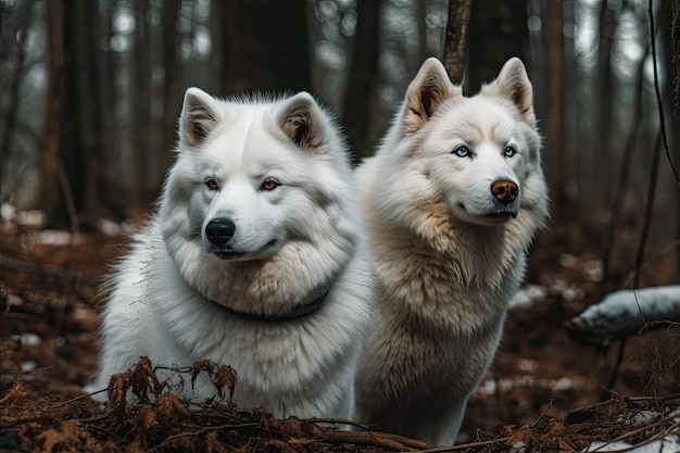 Husky e Samoiedo Due cani in una foresta invernale