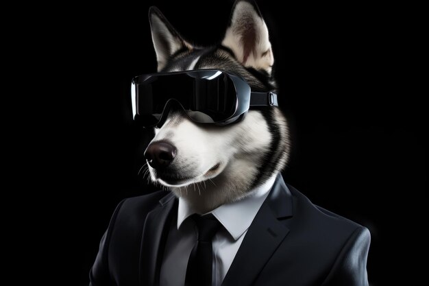 Husky siberiano in tuta e realtà virtuale su sfondo nero