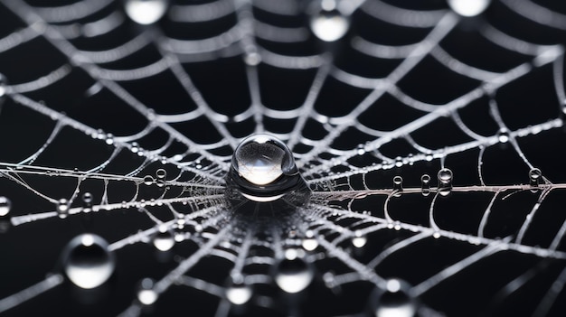 Hyper zoom macro di una goccia d'acqua su una ragnatela