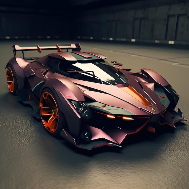 Hypercar con colore viola e ruota arancione realizzata con intelligenza artificiale generativa