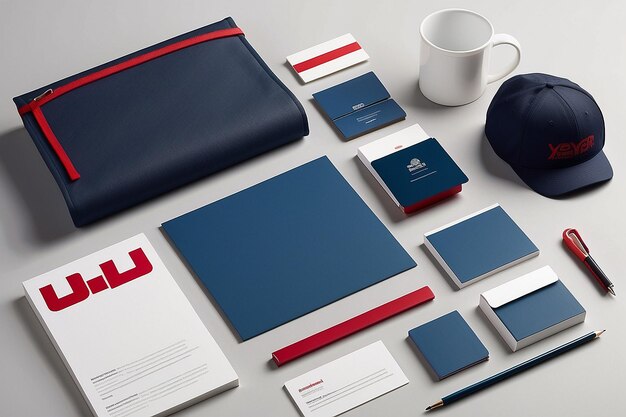 Hyperrealistic Corporate Identity Design Classic Stationery Template con palette blu e rossa Quadrille Texture e Zenith Lighting MockUp