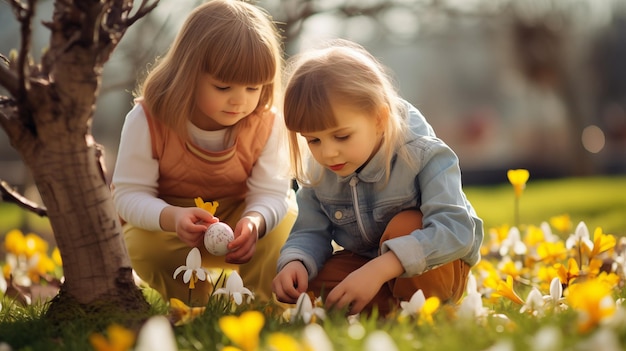 I bambini cacciano gioiosamente le uova di Pasqua nel cortile