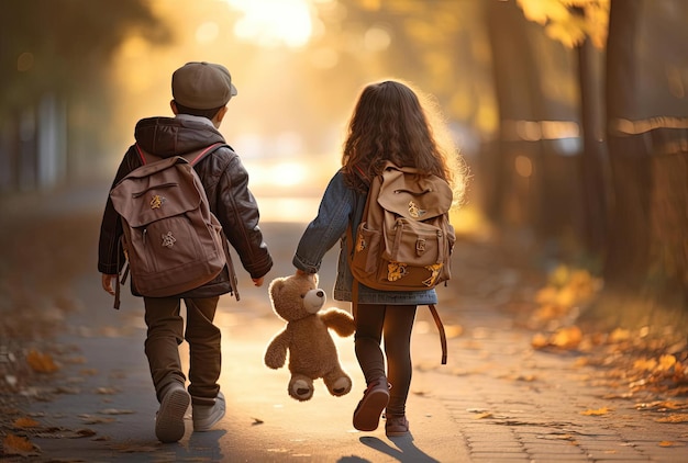 i bambini camminano lungo la strada con i loro zaini nello stile della luce dorata