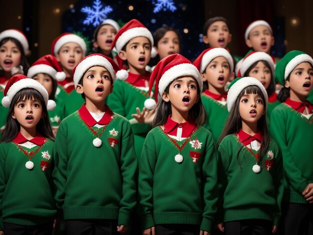 I bambini cantano una canzone in piedi vicino al camino la vigilia di Natale