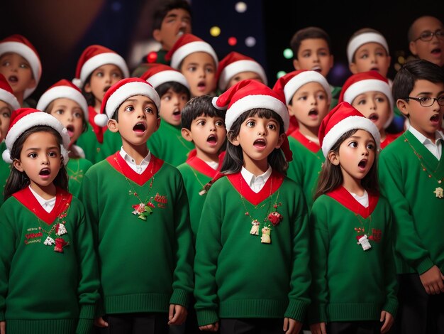 I bambini cantano una canzone in piedi vicino al camino la vigilia di Natale