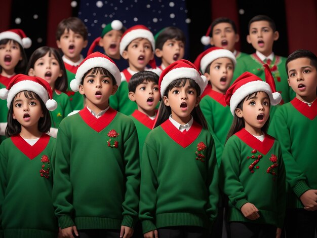 I bambini cantano una canzone in piedi vicino al camino la vigilia di Natale