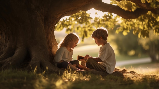 I bambini che giocano sotto l'albero generato dall'AI Immagine