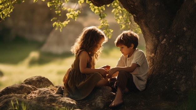 I bambini che giocano sotto l'albero generato dall'AI Immagine