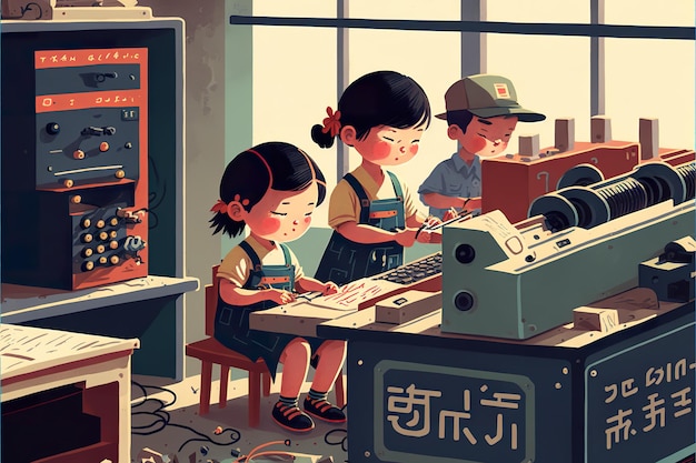 I bambini cinesi lavorano in un'illustrazione piana della fabbrica