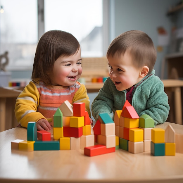 I bambini con disabilità dello sviluppo della sindrome di Down giocano con i blocchi, si rallegrano e ridono.
