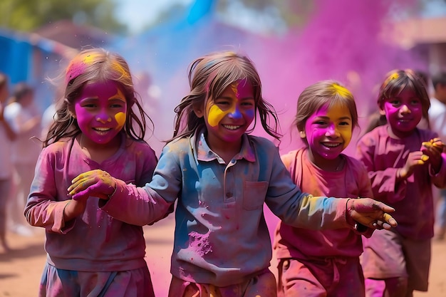 I bambini coperti di polvere colorata giocano durante l'arcobaleno colorato del festival di Holi