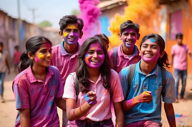 I bambini coperti di polvere colorata giocano durante l'arcobaleno colorato del festival di Holi