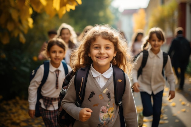 I bambini corrono a scuola con gli zaini generati dai giovani