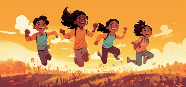 I bambini corrono nel campo con il sole dietro di loro illustrazione del fumetto con ai generativa