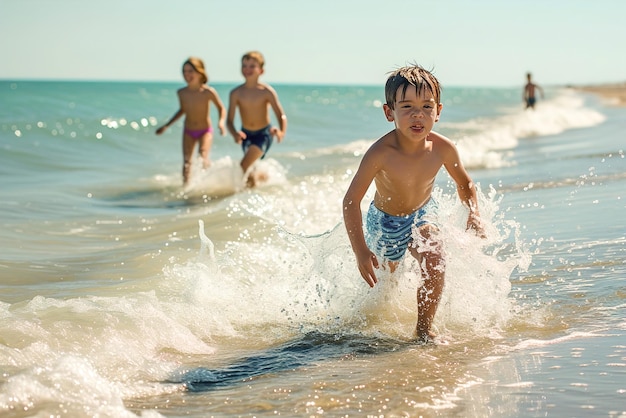 I bambini corrono verso la riva i loro schizzi giocosi riecheggiando la pura gioia delle vacanze al mare