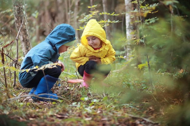 I bambini del villaggio camminano nel bosco autunnale e raccolgono funghi. I bambini nella natura camminano nella natura. Passeggiata rurale in autunno.