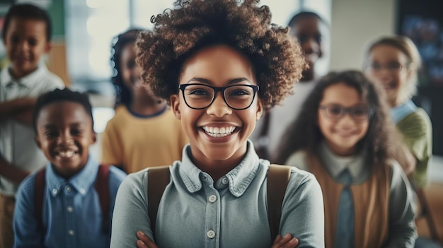 I bambini della scuola e l'insegnante si fanno selfie in classe multietnica imparando insieme