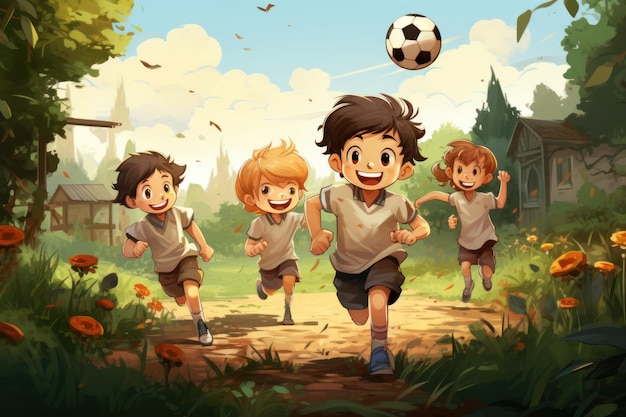 I bambini giocano a calcio nell'illustrazione vettoriale del giardino