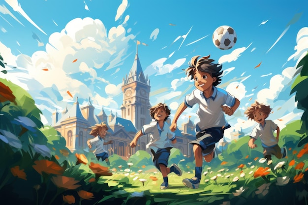 I bambini giocano a calcio nell'illustrazione vettoriale del giardino