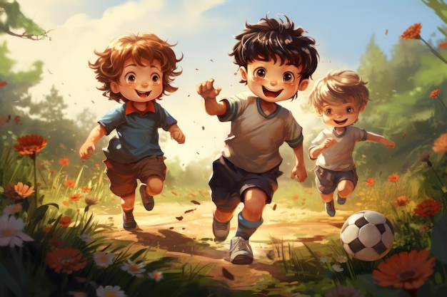 I bambini giocano a calcio nell'illustrazione vettoriale del giardino