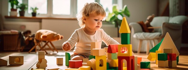 i bambini giocano con giocattoli di legno nella stanza dei bambini