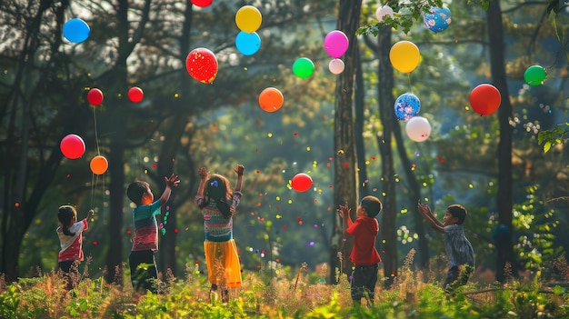 I bambini giocano gioiosamente con i palloncini nel bosco circondati da alberi e dalla natura