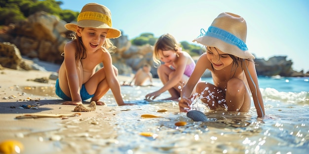 I bambini giocano sulla spiaggia al mare in estate