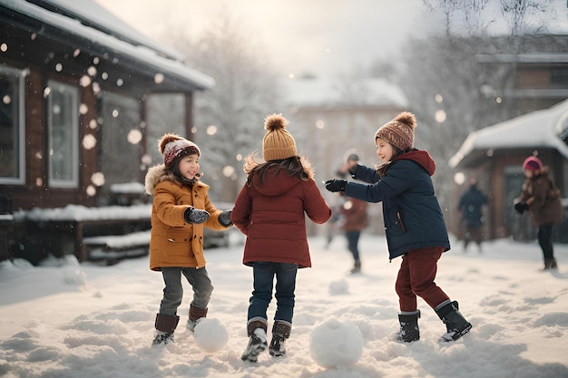 I bambini gioiosi e felici giocano in inverno facendosi lanciare palle di neve l'un l'altro