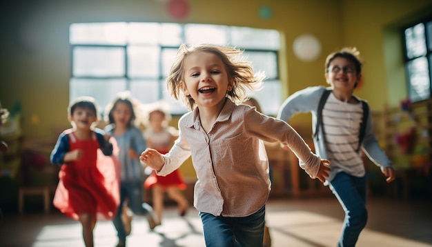 I bambini gioiosi giocano alla fotografia dell'asilo Sfondo colorato e minimo dell'asilo