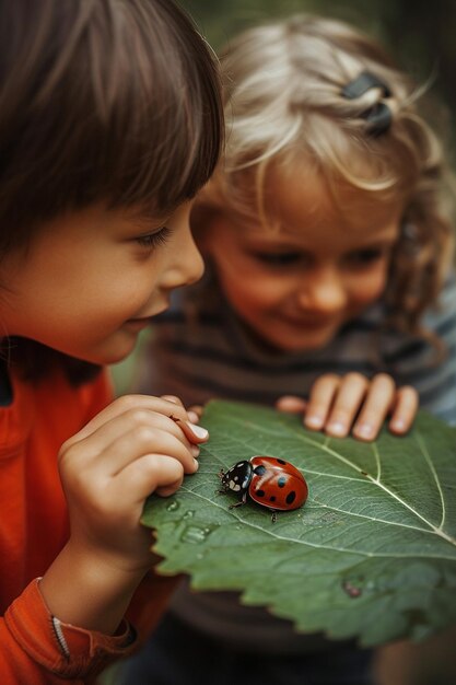 i bambini guardano l'insetto ladybug da vicino