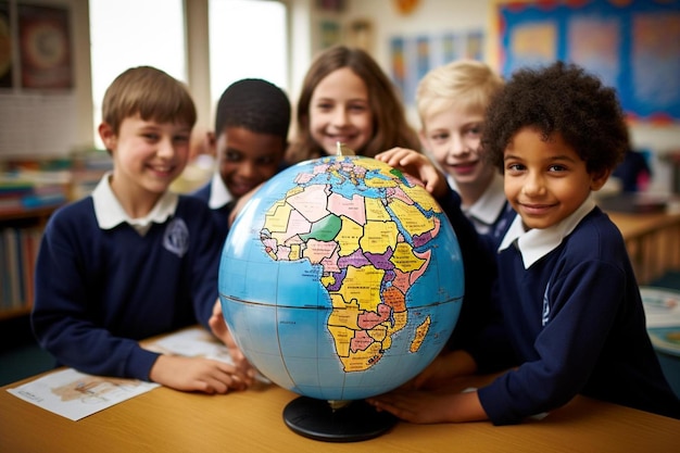 I bambini in uniforme scolastica stanno attorno a un globo con una mappa del mondo su di esso.