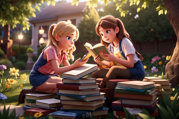 I bambini leggono libri su una pila di libri nella scena del giardino