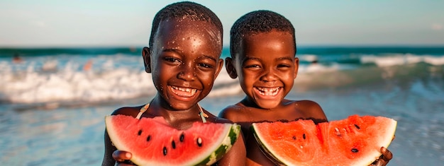 I bambini neri mangiano cocomeri sulla spiaggia. Focalizzazione selettiva.