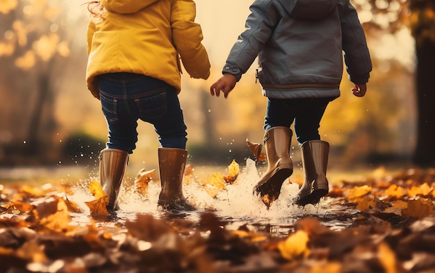 I bambini piccoli felici saltano nelle pozzanghere con la gomma