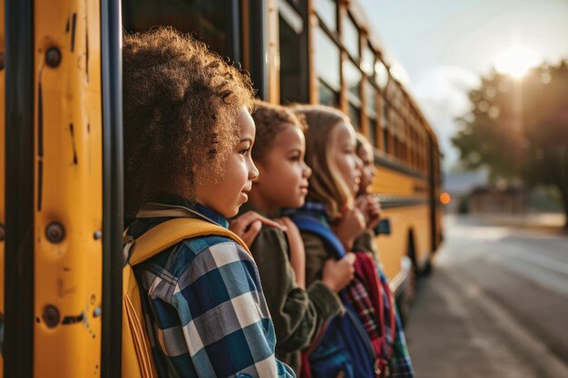 I bambini piccoli salgono sullo scuolabus