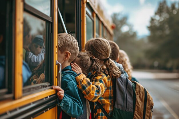 I bambini piccoli salgono sullo scuolabus