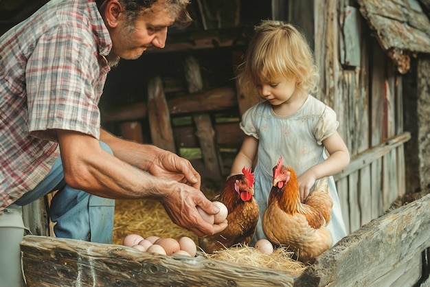I bambini portano le uova dal nido delle galline nel pollaio e le consegnano ai loro padri con la mano in mano.