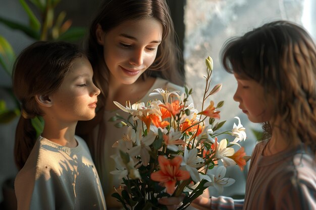 I bambini presentano un bouquet di fiori fatto a mano al