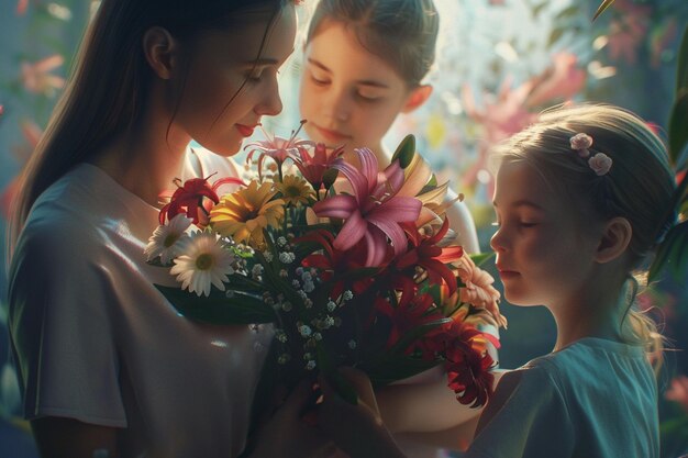 I bambini presentano un bouquet di fiori fatto a mano al