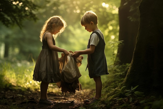 I bambini raccolgono la spazzatura nel parco