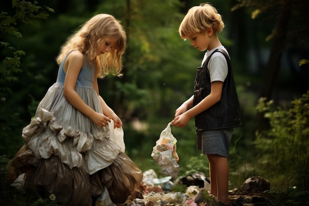 I bambini raccolgono la spazzatura nel parco