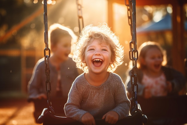 I bambini ridono mentre oscillano in alto su un'altalena del parco giochi Giornata dei bambini