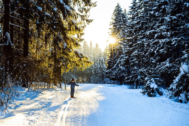 i bambini sciano in una foresta innevata giornata invernale bellissima natura