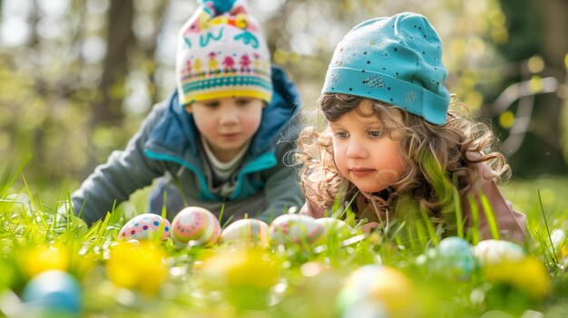 I bambini scoprono intenzionalmente le uova di Pasqua in giardino