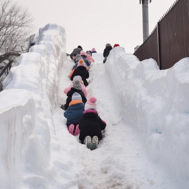 I bambini si arrampicano sulla collina innevata e si divertono in inverno